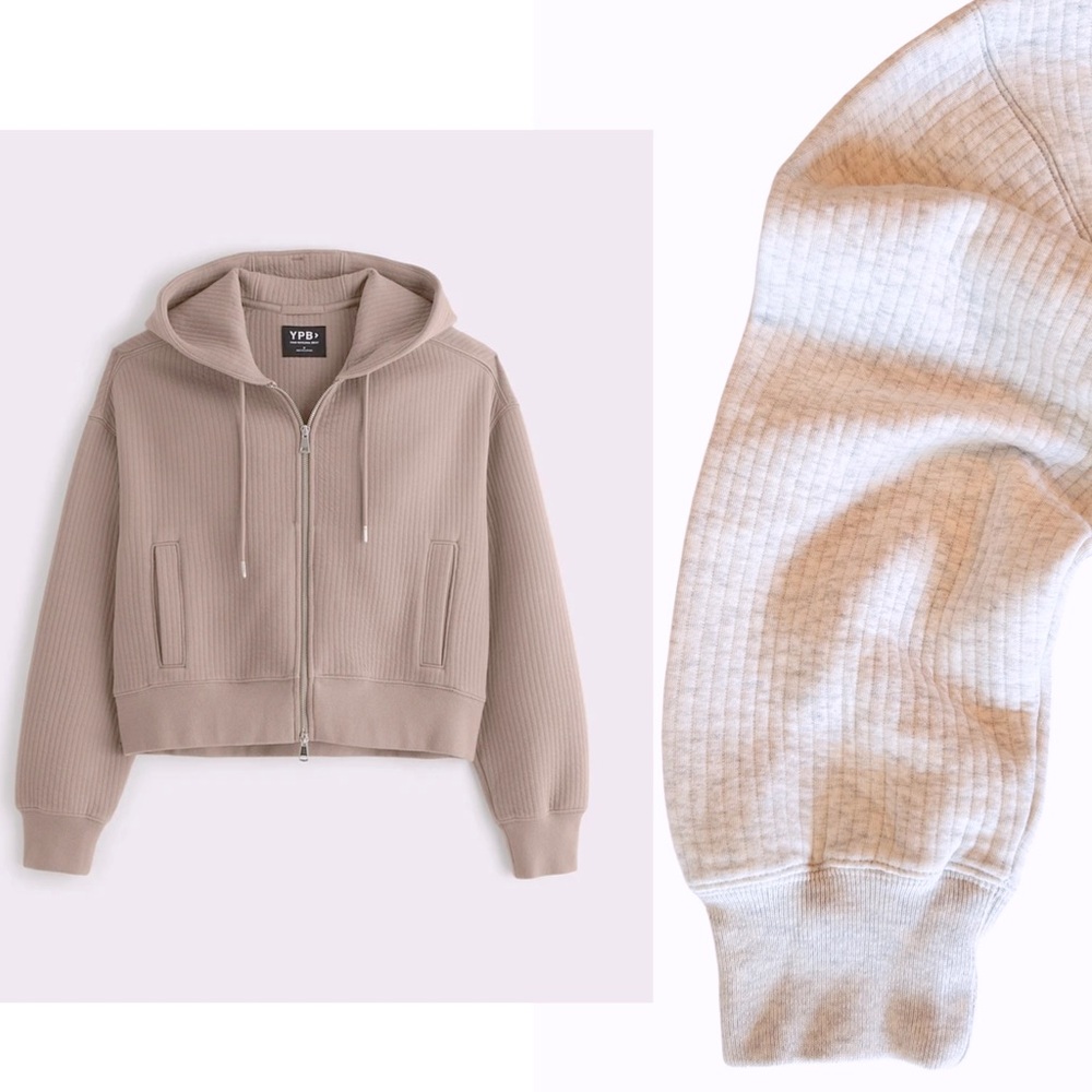 YPB Abercrombie & Fitch Ribbed Cream Grey Hooded Zip-Up Sweatshirt Jacket